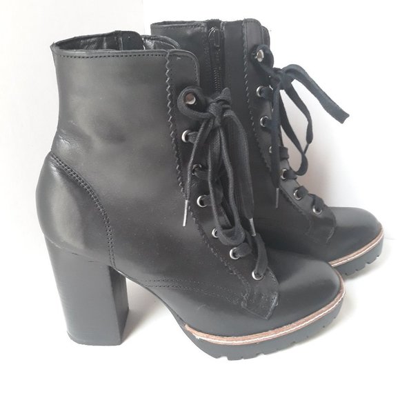 Chelsea & Violet Lexie Leather Lace-up Chunky Block Heel Combat Boot Black 8.5 - Picture 1 of 10